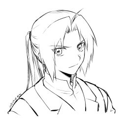 Rule 34 | 1boy, 2022, ahoge, closed mouth, cropped torso, dated, edward elric, fullmetal alchemist, greyscale, hair intakes, highres, light smile, long hair, male focus, mini (pixiv6327751), monochrome, ponytail, portrait, simple background, sketch, solo, white background
