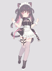 Rule 34 | 1girl, animal ears, blade (galaxist), brown hair, cat ears, cat girl, cat tail, dress, flat chest, frills, highres, jirai kei, maid headdress, multicolored hair, multiple tails, nekoyama nae, standing, standing on one leg, tail, thigh strap, thighhighs, toranoana, two-tone hair, two tails, virtual youtuber, wrist cuffs