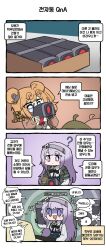 Rule 34 | 2girls, 3others, 4koma, ?, @ (symbol), @ @, ahoge, at computer, bear hair ornament, black bow, black bowtie, blue eyes, bow, bowtie, box, brown hair, brown jacket, chair, chibi, clip studio paint (medium), closed mouth, comic, cosplay, dinergate (girls&#039; frontline), double bun, drooling, girls&#039; frontline, gloves, green jacket, grey hairband, hair bun, hair ornament, hairband, highres, holding, holding phone, jacket, kalina (girls&#039; frontline), kalina (girls&#039; frontline) (cosplay), korean text, long hair, madcore, multiple girls, multiple others, neck ribbon, non-humanoid robot, open mouth, orange hair, p90 (girls&#039; frontline), phone, purple eyes, purple hair, red ribbon, ribbon, robot, rpk-203 (girls&#039; frontline), sangvis ferri, skirt, suspender skirt, suspenders, table, talking on phone, translation request, very long hair