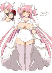 Rule 34 | 10s, 2girls, akemi homura, belly, black hair, blush, bow, breasts, choker, cleavage, closed eyes, curvy, dress, fat, gloves, hair bow, hairband, kaname madoka, large breasts, long hair, mahou shoujo madoka magica, mahou shoujo madoka magica (anime), multiple girls, oman (evld), pink hair, pink legwear, plump, red hairband, short twintails, spoilers, twintails, two side up, ultimate madoka, white dress, white gloves, yellow eyes