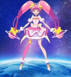 Rule 34 | 1girl, boots, cure star, earth (planet), highres, hoshina hikaru, pink eyes, pink hair, planet, precure, screencap, sky, space, star (sky), star twinkle precure, starry sky, stitched, thigh boots, thighhighs, third-party edit, twintails