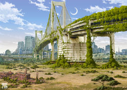 Rule 34 | bridge, cityscape, cloud, day, highres, minato (tokyo), moon, no humans, original, overgrown, real world location, ruins, scenery, sky, tokyo (city), tokyo rainbow bridge, tokyo tower, tokyogenso