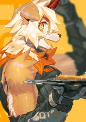 Rule 34 | 1boy, ahonobo, animal ears, arknights, bare shoulders, black shirt, blurry, blurry background, blush, brown fur, detached sleeves, dog boy, dog ears, from side, furry, furry male, highres, holding, holding plate, horns, hung (arknights), looking at viewer, male focus, medium hair, multicolored hair, orange eyes, orange hair, pectorals, plate, shirt, single horn, sleeveless, sleeveless shirt, streaked hair, toned, toned male, two-tone fur, upper body, white fur, white hair, yellow eyes