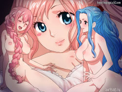 Rule 34 | 2019, 3girls, blue eyes, blue hair, blush, blush stickers, braid, breasts, brown eyes, closed eyes, dated, female focus, giant, giantess, ginko (silver fox), head rest, inverted nipples, large breasts, laughing, long hair, looking at another, lying, multiple girls, navel, nefertari vivi, nipples, nude, on back, one piece, open mouth, pink hair, princess, pussy, rebecca (one piece), shirahoshi, single braid, sitting, smile, trait connection, uncensored, watermark, web address