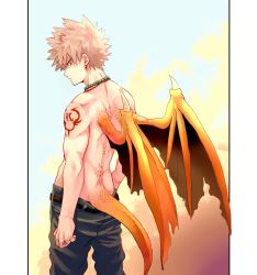Rule 34 | 1boy, ass, bakugou katsuki, bare arms, bare shoulders, belt, blonde hair, boku no hero academia, cai (caiirocai), closed mouth, commentary request, dragon boy, dragon tail, dragon wings, earrings, from behind, jewelry, looking at viewer, male focus, necklace, orange tail, orange wings, pants, red eyes, scales, short hair, shoulder tattoo, solo, spiked hair, standing, tail, tattoo, topless male, wings