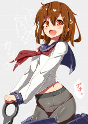 Rule 34 | 10s, 1girl, :d, anchor, artist check, black pantyhose, blue skirt, brown hair, commentary request, fang, hair between eyes, hair ornament, hairclip, ikazuchi (kancolle), kantai collection, long sleeves, looking at viewer, neckerchief, open mouth, panties, panties under pantyhose, pantyhose, red neckerchief, school uniform, serafuku, short hair, skirt, smile, solo, striped clothes, striped panties, sweatdrop, translation request, underwear, yuuzuki (re&#039;ef)