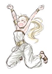 Rule 34 | 1girl, blonde hair, breasts, chrono trigger, high ponytail, long hair, marle (chrono trigger), ponytail, s-a-murai, sandals, smile, solo, victory pose