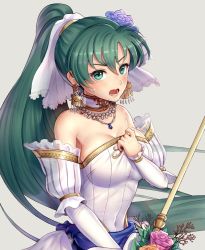 Rule 34 | 1girl, bad id, bad twitter id, bare shoulders, blush, bouquet, breasts, bride, dress, earrings, embarrassed, fire emblem, fire emblem: the blazing blade, fire emblem heroes, flower, formal, gloves, gonzarez, green eyes, green hair, high ponytail, highres, jewelry, large breasts, long hair, looking at viewer, lyn (bridal) (fire emblem), lyn (fire emblem), necklace, nintendo, official alternate costume, ponytail, strapless, strapless dress, tiara, veil, very long hair, wedding dress, white dress, white gloves