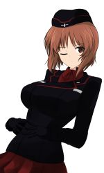 Rule 34 | 1girl, absurdres, aikir (jml5160), black gloves, black jacket, breasts, brown eyes, brown hair, dutch angle, garrison cap, girls und panzer, gloves, hands on stomach, hat, highres, jacket, kuromorimine military uniform, large breasts, looking at viewer, nishizumi miho, one eye closed, red shirt, red skirt, shirt, short hair, skirt, solo, throat microphone, white background