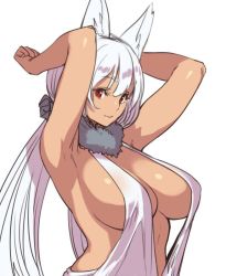 Rule 34 | 1girl, animal ears, armpits, arms up, breasts, dark-skinned female, dark skin, fur collar, houtengeki, large breasts, long hair, low twintails, red eyes, sideboob, silver hair, simple background, sketch, smile, solo, twintails, upper body, very long hair, white background