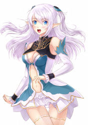 Rule 34 | 1girl, altina (shining blade), bare shoulders, blue eyes, blush, breasts, center opening, cleavage, detached sleeves, highres, kazeno, long hair, looking at viewer, open mouth, panties, pantyshot, pointy ears, shining (series), shining blade, silver hair, simple background, skirt, solo, thigh gap, thighhighs, twintails, two side up, underwear, upskirt, white background, white panties, white thighhighs