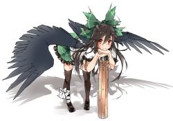 Rule 34 | 1girl, arm cannon, bent over, bird wings, black hair, black thighhighs, black wings, bow, full body, hair bow, hair ornament, leg ribbon, long hair, looking at viewer, mary janes, puffy sleeves, red eyes, reiuji utsuho, ribbon, shadow, shirt, shoes, short sleeves, simple background, skirt, smile, solo, thighhighs, touhou, toutenkou, weapon, white background, wings, zettai ryouiki