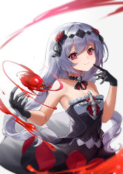 Rule 34 | 1girl, absurdres, bare shoulders, black dress, black gloves, blood, closed mouth, commentary request, dress, flower, frilled dress, frills, gloves, gradient background, grey background, grey hair, hair between eyes, hair flower, hair ornament, hand up, hemokinesis, highres, honkai (series), honkai impact 3rd, mo ying yu, red eyes, red flower, red rose, rose, smile, solo, strapless, strapless dress, theresa apocalypse, theresa apocalypse (luna kindred), white background