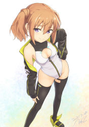 Rule 34 | 1girl, alice gear aegis, black jacket, black thighhighs, booth babe, breasts, brown hair, cleavage cutout, clothing cutout, contrapposto, dated, errant, feet out of frame, hand on own hip, heattech leotard, highres, jacket, kimikage yui, leotard, medium hair, platform footwear, purple eyes, signature, small breasts, solo, standing, thighhighs, turtleneck, twintails, white background, white leotard, zipper pull tab