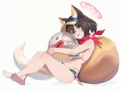 Rule 34 | 1girl, animal ear fluff, animal ears, ball, bare legs, barefoot, beachball, bikini, blue archive, blue shorts, blush, breasts, brown eyes, crossed ankles, fox ears, fox girl, fox tail, from side, full body, gesoking, hair between eyes, halo, highres, holding, holding ball, holding beachball, izuna (blue archive), izuna (swimsuit) (blue archive), looking at viewer, medium breasts, micro shorts, navel, open mouth, short hair, shorts, solo, striped bikini, striped clothes, swimsuit, tail, visor cap