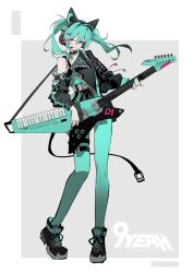 Rule 34 | 1girl, alternate costume, animal ear headphones, animal ears, aqua eyes, aqua leggings, asymmetrical jacket, baggy clothes, belt, black choker, black footwear, black jacket, black skirt, cat ear headphones, choker, collarbone, colored skin, commentary request, contrapposto, electric guitar, expressionless, fake animal ears, flat color, full body, grey belt, grey skin, guitar, half-closed eyes, hatsune miku, head tilt, headphones, headset, highres, holding, holding guitar, holding instrument, instrument, jacket, jiu ye sang, keytar, leggings, long hair, looking at viewer, miniskirt, multicolored hair, music, open clothes, open jacket, pale skin, parted lips, playing instrument, shoes, simple background, single bare shoulder, skirt, sneakers, solo, streaked hair, twintails, two-tone background, vocaloid, zipper, zipper pull tab