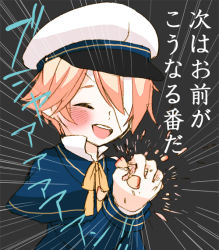 Rule 34 | 1boy, bandages, blonde hair, blush, bowtie, child, collared shirt, crushing, closed eyes, hat, male focus, miza-sore, oliver (vocaloid), open mouth, sailor hat, simple background, smile, solo, translated, upper body, vocaloid