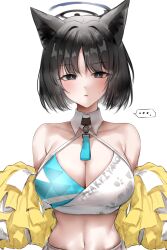 Rule 34 | ..., 1girl, absurdres, animal ear fluff, animal ears, at congju, black eyes, black hair, blue archive, blue halo, blush, breasts, cat ears, cat tail, cheerleader, cleavage, detached collar, halo, halterneck, highres, holding, holding pom poms, kikyou (blue archive), large breasts, looking at viewer, multiple tails, navel, open mouth, pom pom (cheerleading), pom poms, short hair, simple background, solo, spoken ellipsis, tail, two tails, white background