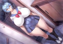 Rule 34 | 1girl, ayanami rei, blue hair, blush, breasts, covered erect nipples, curvy, full body, huge breasts, looking at viewer, mogudan, neon genesis evangelion, red eyes, school uniform, short hair, solo, standing, thick thighs, thighs, wide hips