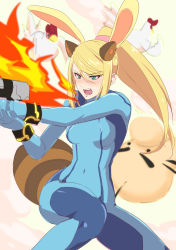 Rule 34 | 1girl, absurdres, animal ears, beige background, blonde hair, blue bodysuit, blush, bodysuit, breasts, breath weapon, breathing fire, commentary request, covered navel, cucco, doseisan, fake animal ears, feet out of frame, fire, green eyes, gun, hair between eyes, handgun, highres, holding, holding gun, holding weapon, kemonomimi mode, leon (mikiri hassha), long hair, mario (series), medium breasts, metroid, mother (game), nintendo, nose blush, pistol, ponytail, rabbit ears, raccoon ears, raccoon tail, samus aran, sidelocks, simple background, solo, super mario bros. 3, super smash bros., swept bangs, tail, the legend of zelda, the legend of zelda: majora&#039;s mask, thighs, weapon, zero suit