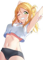 Rule 34 | 1girl, absurdres, arm up, armpits, blonde hair, breasts, clenched teeth, commentary request, crop top, fingernails, green eyes, hair rings, highres, looking at viewer, love live!, love live! sunshine!!, medium breasts, midriff, nail polish, navel, ohara mari, oku 1225, one eye closed, pink nails, short hair, simple background, smile, solo, teeth, white background