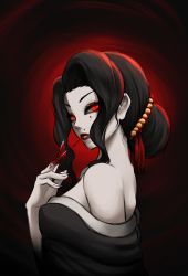 Rule 34 | 1girl, absurdres, bare shoulders, black background, black hair, black sclera, blood, blood in mouth, blood on face, blood on hands, blood trail, breasts, closed mouth, colored sclera, demon, demon girl, fingernails, from side, genderswap, genderswap (mtf), gradient background, hair ornament, highres, kibutsuji muzan, kimetsu no yaiba, lips, lipstick, loen, looking at viewer, makeup, off shoulder, red background, red eyes, sharp fingernails, simple background, slit pupils, solo