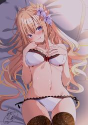 Rule 34 | 1girl, absurdres, azur lane, bare shoulders, black thighhighs, blonde hair, blue eyes, blush, bra, breasts, closed mouth, collarbone, flower, groin, hair flower, hair ornament, heart, heart-shaped pupils, highres, lace, lace-trimmed bra, lace-trimmed panties, lace-trimmed thighhighs, lace trim, large breasts, laurel crown, lingerie, long hair, looking at viewer, lying, navel, on back, on bed, origami aya, panties, red ribbon, ribbon, ribbon-trimmed bra, signature, smile, solo, stomach, symbol-shaped pupils, thighhighs, underwear, victorious (azur lane), white bra, white flower, white panties