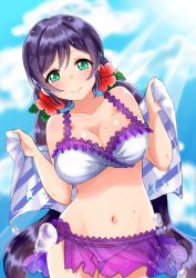 Rule 34 | 1girl, artist name, bikini, bikini skirt, blush, breasts, cleavage, cloud, cloudy sky, collarbone, dated, day, eyes visible through hair, flower, frilled bikini, frills, green eyes, groin, hair flower, hair ornament, highres, holding, holding towel, large breasts, long hair, looking at viewer, love live!, love live! school idol festival, low twintails, mr.canaryy, navel, purple hair, see-through, side-tie bikini bottom, signature, sky, smile, solo, sunlight, swimsuit, thigh gap, tojo nozomi, towel, twintails, very long hair, water drop, wet, wide hips
