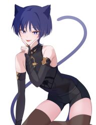 Rule 34 | 1boy, absurdres, animal ears, black shirt, black shorts, black sleeves, brown thighhighs, cat boy, cat ears, cat tail, chobonu, genshin impact, hair between eyes, highres, japanese clothes, looking at viewer, male focus, purple eyes, purple hair, purple tail, scaramouche (genshin impact), shirt, short hair, shorts, smile, solo, tail, thighhighs, tongue, tongue out, v over mouth, white background
