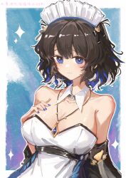 Rule 34 | 1girl, absurdres, arknights, bare shoulders, black hair, blue eyes, blue nails, commentary request, detached collar, detached sleeves, dress, hand on own chest, highres, huangyou, jewelry, kjera (arknights), kjera (ingenious servant) (arknights), looking at viewer, maid, maid headdress, nail polish, official alternate costume, pendant, short hair, solo, strapless, strapless dress, upper body, white dress