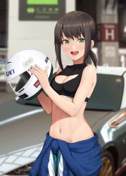 Rule 34 | 1girl, black hair, blurry, blurry background, blush, breasts, car, cleavage, fubuki (kancolle), green eyes, helmet, highres, holding, holding helmet, ichikawa feesu, kantai collection, looking at viewer, medium breasts, motor vehicle, navel, open mouth, racing suit, short hair, short ponytail, smile, solo