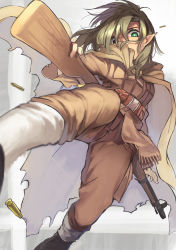 Rule 34 | 1girl, ammunition pouch, belt, blonde hair, bolt action, boots, cloak, elf, eyebrows, eyelashes, fantasy, feet out of frame, fighting stance, flying kick, fringe trim, full body, gaiters, glaring, green eyes, gun, hairband, heterochromia, highres, holding, holding gun, holding weapon, kicking, long hair, long sleeves, looking at viewer, messy hair, military, military uniform, mizuiro raika, original, pants, pointy ears, pouch, rifle, seams, shell casing, simple background, solo, uniform, weapon