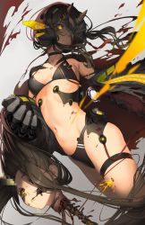 Rule 34 | 2girls, android, breasts, brown hair, bullet hole, cable, choker, damaged, decapitation, expressionless, hair over one eye, highres, horns, jacket, long hair, mechanical ears, mechanical horns, mechanical parts, multiple girls, navel, off shoulder, original, oversized forearms, oversized limbs, revealing clothes, severed head, small breasts, torn clothes, yellow eyes, zenmaibook