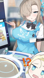 Rule 34 | !?, 2girls, absurdres, apron, archi (aruki), asuna (blue archive), black bow, black bowtie, blonde hair, blue apron, blue archive, blue eyes, blue halo, blurry, blurry background, bow, bowtie, breasts, brown hair, collared shirt, commentary request, cosplay, hair over one eye, halo, hand up, highres, large breasts, long hair, looking at another, multiple girls, one eye covered, open mouth, partial commentary, shirt, short sleeves, sora (blue archive), sora (blue archive) (cosplay), spoken character