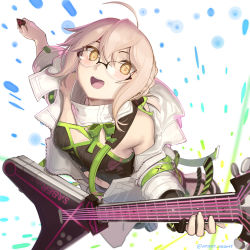 Rule 34 | 1girl, absurdres, ahoge, artoria pendragon (fate), black shirt, blonde hair, blush, boa (brianoa), braid, breasts, cleavage cutout, clothing cutout, commentary, dutch angle, electric guitar, fate/grand order, fate (series), french braid, from above, glasses, guitar, hair bun, highres, holding, holding instrument, instrument, jacket, looking at viewer, mysterious idol x alter (fate), navel, open clothes, open jacket, open mouth, plectrum, rimless eyewear, shirt, short hair, sidelocks, single hair bun, small breasts, smile, solo, twitter username, white jacket, yellow eyes