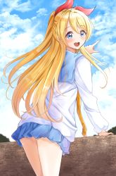 Rule 34 | 1girl, :d, absurdres, ass, blonde hair, blue eyes, blue sailor collar, blue skirt, blue sky, blush, cloud, cloudy sky, commentary request, day, fingernails, hair between eyes, hair ribbon, hand up, high ponytail, highres, kirisaki chitoge, leaning forward, long hair, long sleeves, looking at viewer, looking back, miniskirt, nisekoi, open mouth, orange neckwear, outdoors, pleated skirt, pointing, ponytail, red ribbon, ribbon, round teeth, sailor collar, shirt, sin (sin52y), skirt, sky, smile, solo, standing, teeth, upper teeth only, very long hair, white shirt