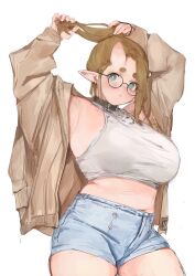 Rule 34 | 1girl, adjusting hair, armpits, black-framed eyewear, black collar, blue shorts, breasts, brown hair, brown jacket, collar, curvy, glasses, green eyes, highres, horns, jacket, jewelry, large breasts, long sleeves, looking at viewer, midriff, nashidrop, navel, necklace, open clothes, open jacket, original, pear (nashidrop), pointy ears, round eyewear, short hair, shorts, simple background, single horn, solo, thick eyebrows, thighs, white background
