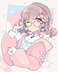 Rule 34 | + +, 1girl, adjusting eyewear, bandaid, bandaid on hand, black-framed eyewear, blue bow, blue nails, blue shirt, bow, braid, brown hair, brown hat, checkered clothes, checkered shirt, chon (chon33v), cropped torso, earrings, fang, female focus, floating hair, glasses, hair bow, hair ornament, hairclip, hand on eyewear, hand up, hat, highres, hood, hood down, hoodie, jewelry, long hair, long sleeves, looking at viewer, multicolored nails, nail polish, one eye closed, original, pink bow, pink eyes, pink hoodie, pink nails, puffy sleeves, round eyewear, shirt, sidelocks, signature, sleeves past wrists, solo, tilted headwear, twin braids, twintails, twitter username