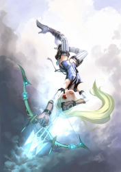 Rule 34 | 10s, 1girl, archer (dragon nest), arrow (projectile), bad id, bad pixiv id, boots, bow (weapon), dragon nest, elbow gloves, gloves, green hair, highres, long hair, observerz, red eyes, solo, thigh boots, thighhighs, upside-down, weapon