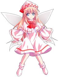 Rule 34 | 1girl, alphes (style), blonde hair, blue eyes, bow, dairi, dress, full body, hat, lily white, long hair, parody, smile, solo, style parody, touhou, transparent background, wings