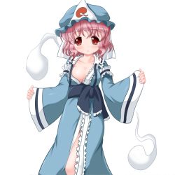 Rule 34 | 1girl, arm garter, breasts, breasts apart, cleavage, collarbone, ghost, hat, hitodama, japanese clothes, kimono, looking at viewer, mob cap, no bra, outstretched arms, pink hair, red eyes, ribbon, riku (rikkuru), saigyouji yuyuko, sash, short hair, sideboob, simple background, solo, spread arms, touhou, triangular headpiece, white background, wide sleeves