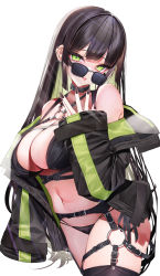 Rule 34 | 1girl, :p, absurdres, bare shoulders, bikini, black bikini, black hair, black jacket, black thighhighs, blunt bangs, breasts, brown nails, cleavage, colored inner hair, cowboy shot, ear piercing, garter belt, green eyes, green hair, hand up, highres, jacket, large breasts, long hair, long sleeves, looking at viewer, lumium, multicolored hair, nail polish, navel, o-ring, off shoulder, open clothes, open jacket, original, piercing, simple background, sleeves past wrists, solo, standing, sunglasses, swimsuit, thighhighs, tongue, tongue out, very long hair, white background