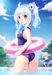 Rule 34 | 1boy, 1girl, ahoge, aqua hair, ass, bad id, bad pixiv id, bili girl 33, bilibili, blue one-piece swimsuit, blue sky, blush, cloud, day, flower, food, from behind, hair flower, hair ornament, hair ribbon, hairclip, highres, innertube, long hair, looking at viewer, looking back, mvv, one-piece swimsuit, open mouth, outdoors, partially submerged, pool, popsicle, red eyes, ribbon, side ponytail, sky, solo focus, standing, swim ring, swimsuit, tongue, tongue out, wading, water, wet