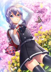 Rule 34 | 1girl, aged down, alternate costume, asashio (kancolle), asashio (kancolle) (cosplay), asashio kai ni (kancolle), backpack, bag, belt, black thighhighs, blue eyes, blue hair, blue sky, blush, bug, butterfly, buttons, cherry blossoms, cloud, commentary request, cosplay, dress, enemy lifebuoy (kancolle), flower, gotland (kancolle), hair between eyes, hair bun, hand up, insect, kantai collection, long hair, long sleeves, looking at viewer, mole, mole under eye, neck ribbon, open mouth, outdoors, petals, pinafore dress, pouch, randoseru, red ribbon, ribbon, school uniform, sheep, shirt, single hair bun, sky, sleeveless, sleeveless dress, smile, standing, thighhighs, tree, unowen, white shirt, yellow flower