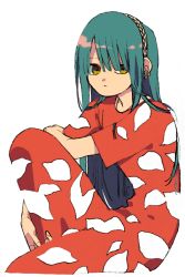 Rule 34 | 1girl, blue hair, closed mouth, colored inner hair, dress, earrings, fingernails, hairband, jewelry, ka (marukogedago), knee up, long hair, looking at viewer, multicolored hair, original, red dress, short sleeves, simple background, solo, white background, yellow eyes
