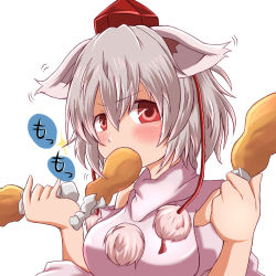 Rule 34 | 1girl, animal ears, blush, breasts, chicken (food), detached sleeves, ear wiggle, eating, food in mouth, fried chicken, grey hair, hair between eyes, hat, inubashiri momiji, looking at viewer, medium breasts, pom pom (clothes), red eyes, shirt, sleeveless, sleeveless shirt, solo, tokin hat, touhou, upper body, white shirt, wolf ears, yasui nori