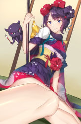 Rule 34 | 1girl, bad id, bad pixiv id, blue eyes, calligraphy brush, fate/grand order, fate (series), flower, hair flower, hair ornament, highres, holding, holding brush, japanese clothes, katsushika hokusai (fate), kimono, looking at viewer, octopus, oversized object, paintbrush, pallad, purple hair, short hair, sitting, smile