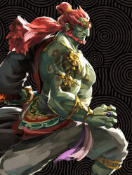 Rule 34 | 1boy, armlet, bara, beard, bracelet, brown background, brown eyes, closed mouth, earrings, facial hair, faux traditional media, feet out of frame, from side, ganondorf, grey pants, highres, jewelry, knee up, large pectorals, looking ahead, male focus, multiple earrings, muscular, muscular male, nintendo, official art, pants, pectorals, ponytail, red hair, rehydrated ganondorf, ring, shoulder tattoo, takumi wada, tattoo, the legend of zelda, the legend of zelda: tears of the kingdom