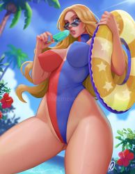 Rule 34 | 1girl, artist name, beach, blonde hair, blue-tinted eyewear, blue-tinted glasses, blue eyes, blue nails, breasts, cleavage, cleavage cutout, clothing cutout, cloud, coconut, coconut tree, ed (edemevas), eyeshadow, flower, food, gluteal fold, hibiscus, highres, holding, holding swim ring, innertube, kolin, large breasts, lips, long hair, looking at viewer, looking down, looking over eyewear, looking over glasses, makeup, nail polish, nipples, ocean, one-piece swimsuit, palm tree, parted lips, popsicle, purple-tinted eyewear, purple-tinted glasses, red nails, saliva, saliva trail, sky, solo, standing, street fighter, street fighter v, sunglasses, sunlight, sweat, swim ring, swimsuit, thick thighs, thighs, tinted eyewear, tree, two-tone swimsuit, watermark, wavy hair, wide hips