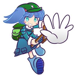 Rule 34 | 1girl, backpack, bag, blue eyes, blue hair, blush, blush stickers, boots, collared shirt, dress, frilled shirt collar, frills, full body, grin, hair bobbles, hair ornament, hat, kawashiro nitori, key, long sleeves, matching hair/eyes, mechanical arms, open mouth, pocket, puyopuyo, rubber boots, shira mizu, shirt, short hair, single mechanical arm, skirt, skirt set, smile, solo, touhou, transparent background, twintails, two side up, white background